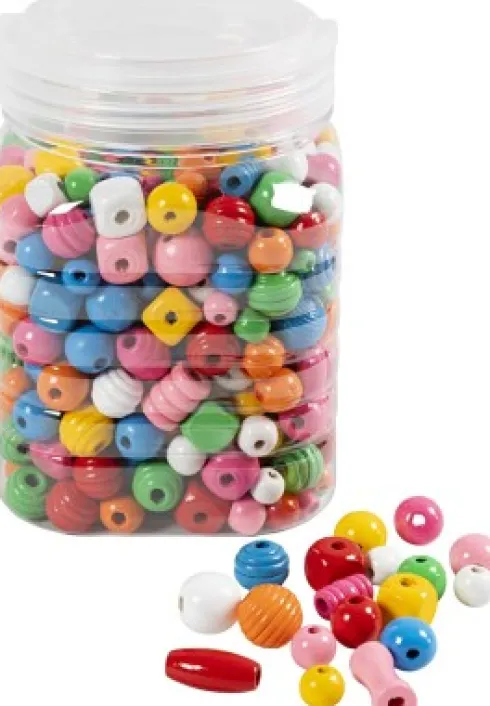 Træperler - Ø 5-28 MM - Hulstr. 2,5-3 MM - Forskellige Farver - 400 G/ 1 Spand