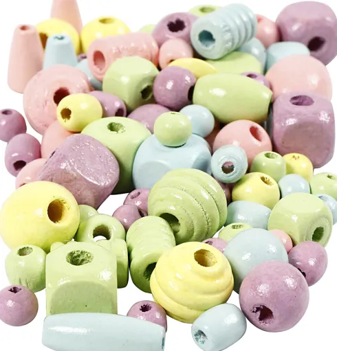 Træperler - Ø 10-15 MM - Hulstr. 3-5 MM - Lyseblå - Lys Grøn - Lyserød - Lys Gul - 400 ML/ 1 Spand