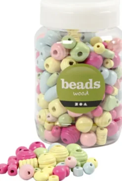 Træperler - Ø 10-15 MM - Hulstr. 3-5 MM - Lyseblå - Lys Grøn - Lyserød - Lys Gul - 400 ML/ 1 Spand