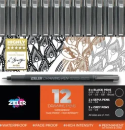 Zieler - 12 Drawing Pens - Water Pens - Fineliner Tusser - 12 Stk